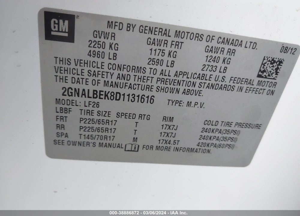 2013 CHEVROLET EQUINOX LS VIN: 2GNALBEK8D1131616