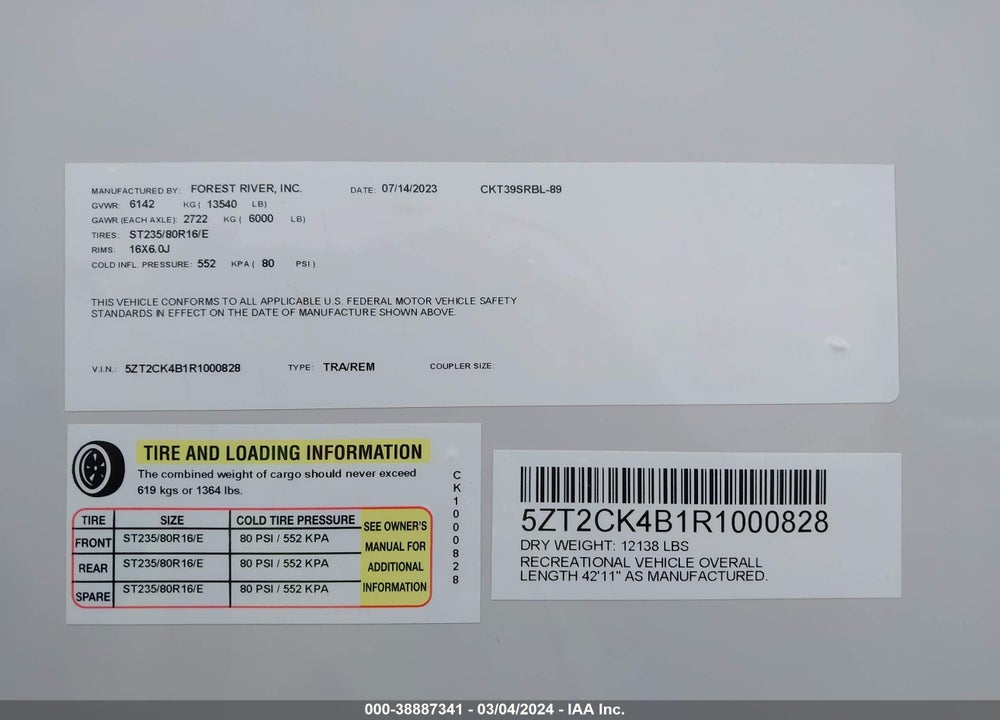 2024 FOREST RIVER OTHER VIN: 5ZT2CK4B1R1000828