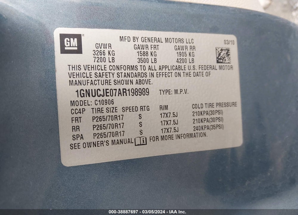 2010 CHEVROLET SUBURBAN 1500 LT1 VIN: 1GNUCJE07AR198989