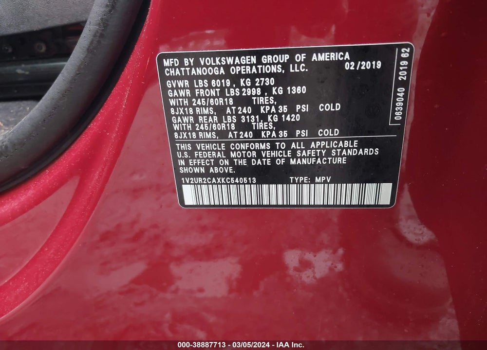 2019 VOLKSWAGEN ATLAS 3.6L V6 SE W/TECHNOLOGY VIN: 1V2UR2CAXKC540513