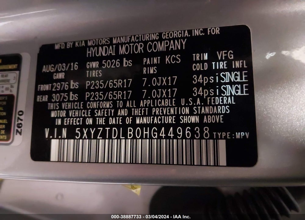 2017 HYUNDAI SANTA FE SPORT 2.4L VIN: 5XYZTDLB0HG449638