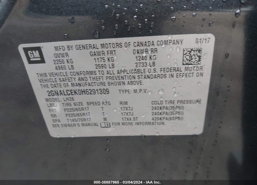2017 CHEVROLET EQUINOX VIN: 2GNALCEK0H6291309