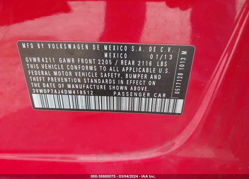 2013 VOLKSWAGEN JETTA 2.5L SE VIN: 3VWDP7AJ4DM418512