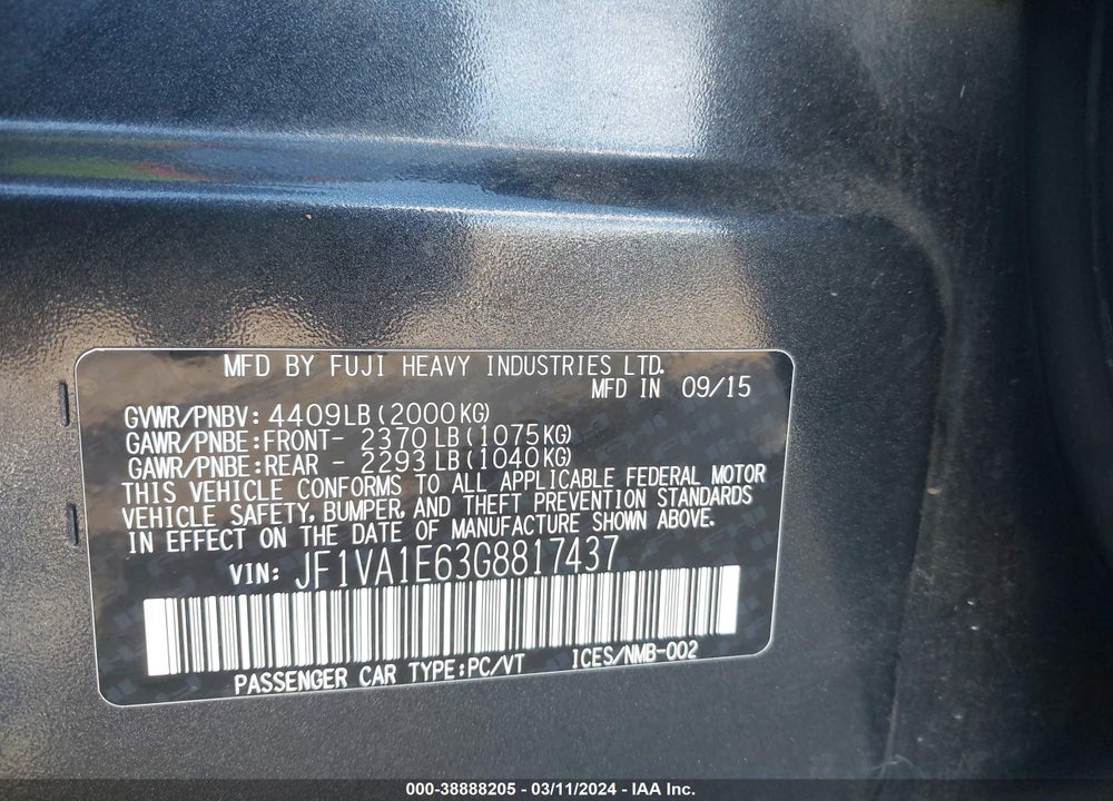 2016 SUBARU WRX PREMIUM VIN: JF1VA1E63G8817437