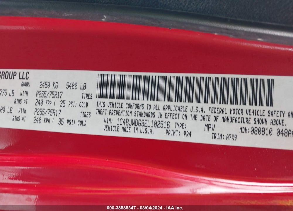 2014 JEEP WRANGLER UNLIMITED SPORT VIN: 1C4BJWDG9EL102516