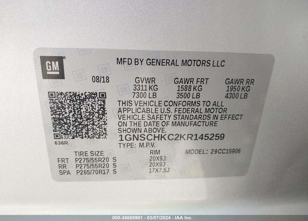 2019 CHEVROLET SUBURBAN VIN: 1GNSCHKC2KR145259