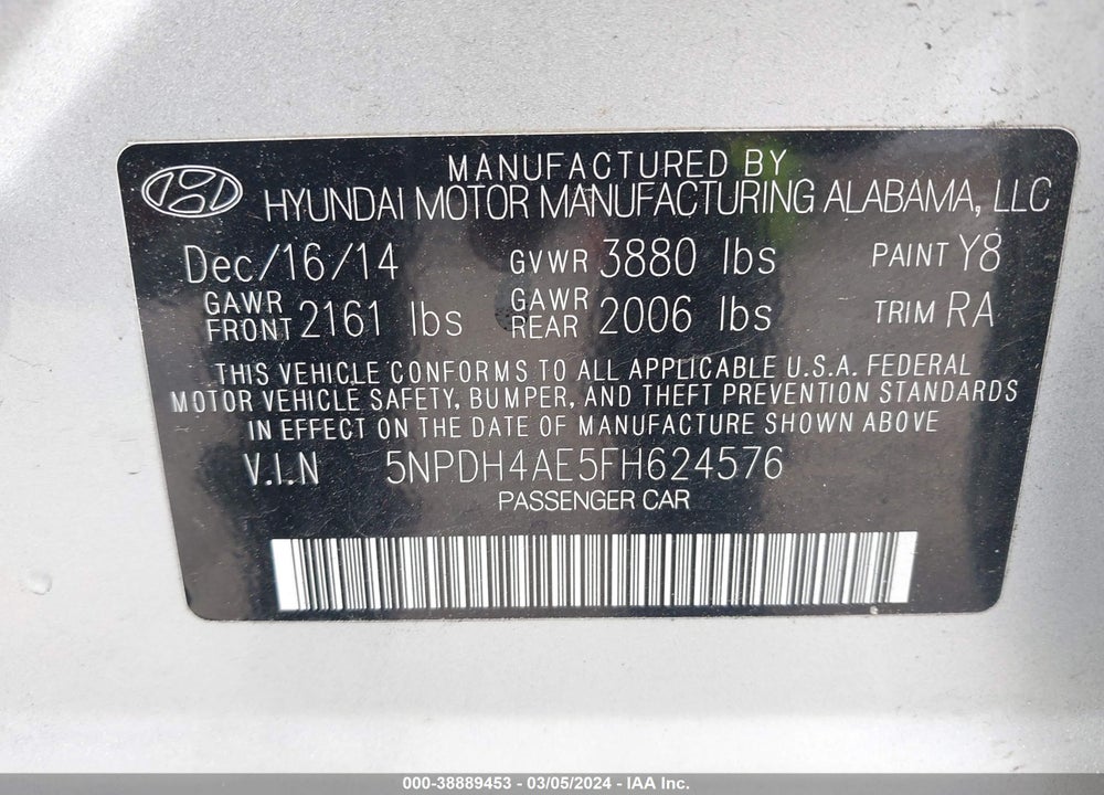 2015 HYUNDAI ELANTRA SE VIN: 5NPDH4AE5FH624576