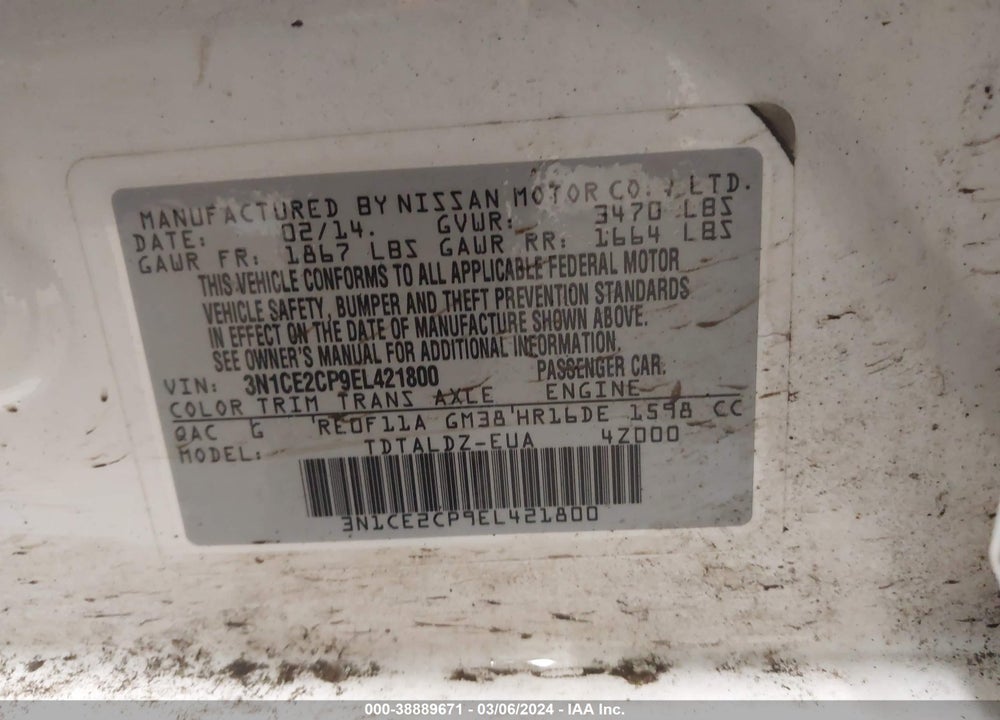 2014 NISSAN VERSA NOTE S (SR)/S PLUS/SV VIN: 3N1CE2CP9EL421800