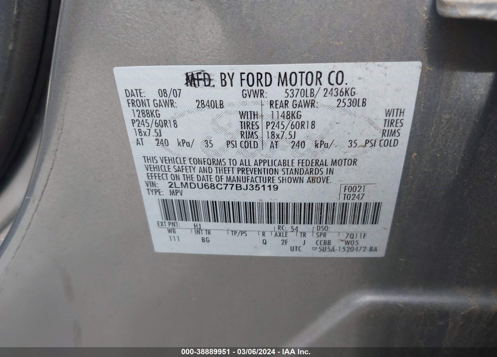 2007 LINCOLN MKX VIN: 2LMDU68C77BJ35119