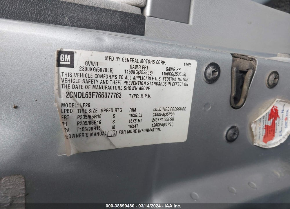 2006 CHEVROLET EQUINOX LT VIN: 2CNDL63F766077763