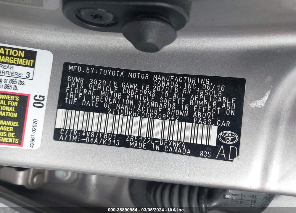 2016 TOYOTA COROLLA LE VIN: 2T1BURHE0GC708542