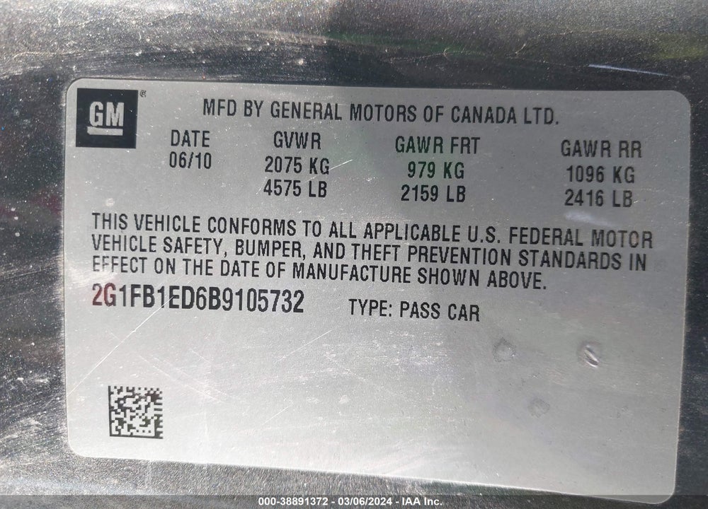 2011 CHEVROLET CAMARO 1LT VIN: 2G1FB1ED6B9105732