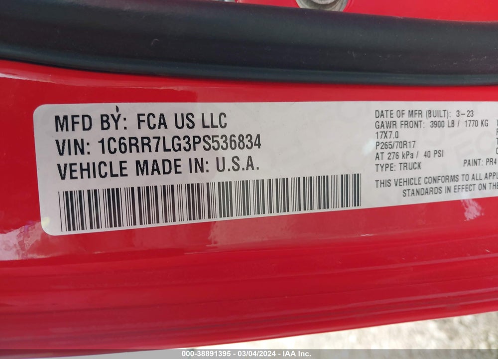 2023 RAM 1500 CLASSIC SLT 4X4 5'7 BOX VIN: 1C6RR7LG3PS536834
