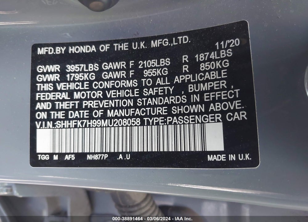 2021 HONDA CIVIC SPORT TOURING VIN: SHHFK7H99MU208058