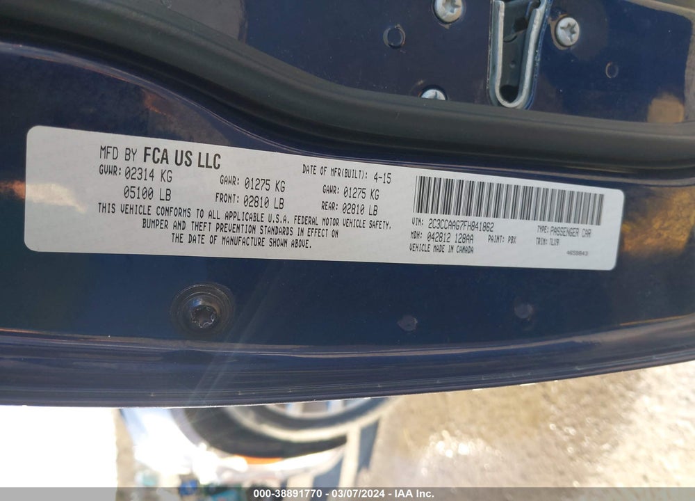 2015 CHRYSLER 300 LIMITED VIN: 2C3CCAAG7FH841862