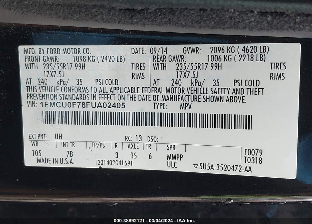 2015 FORD ESCAPE S VIN: 1FMCU0F78FUA02405