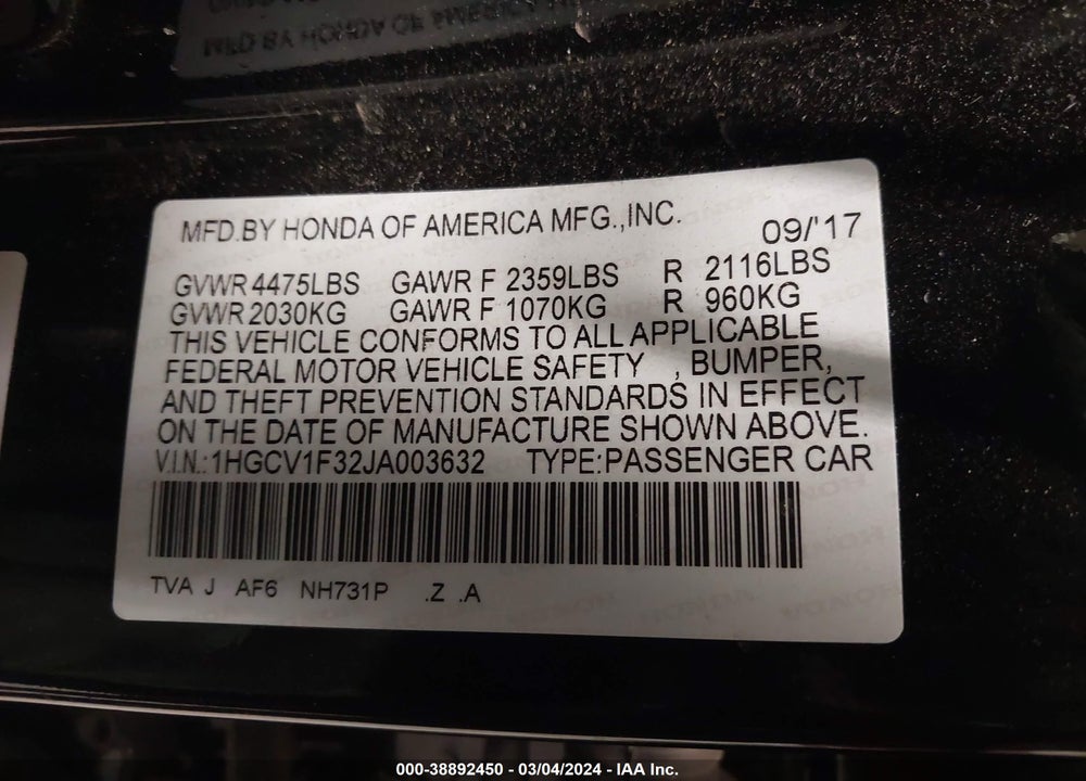 2018 HONDA ACCORD SPORT VIN: 1HGCV1F32JA003632