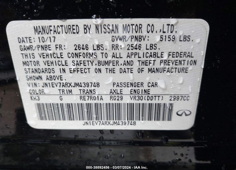 2018 INFINITI Q50 3.0T LUXE VIN: JN1EV7ARXJM439748