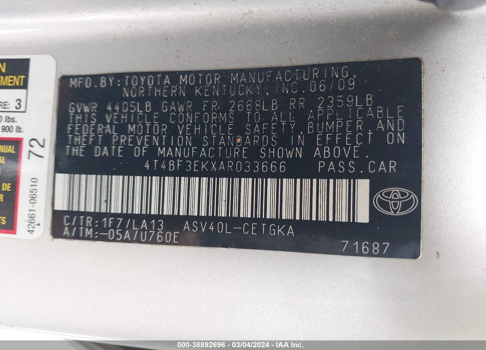 2010 TOYOTA CAMRY XLE VIN: 4T4BF3EKXAR033666