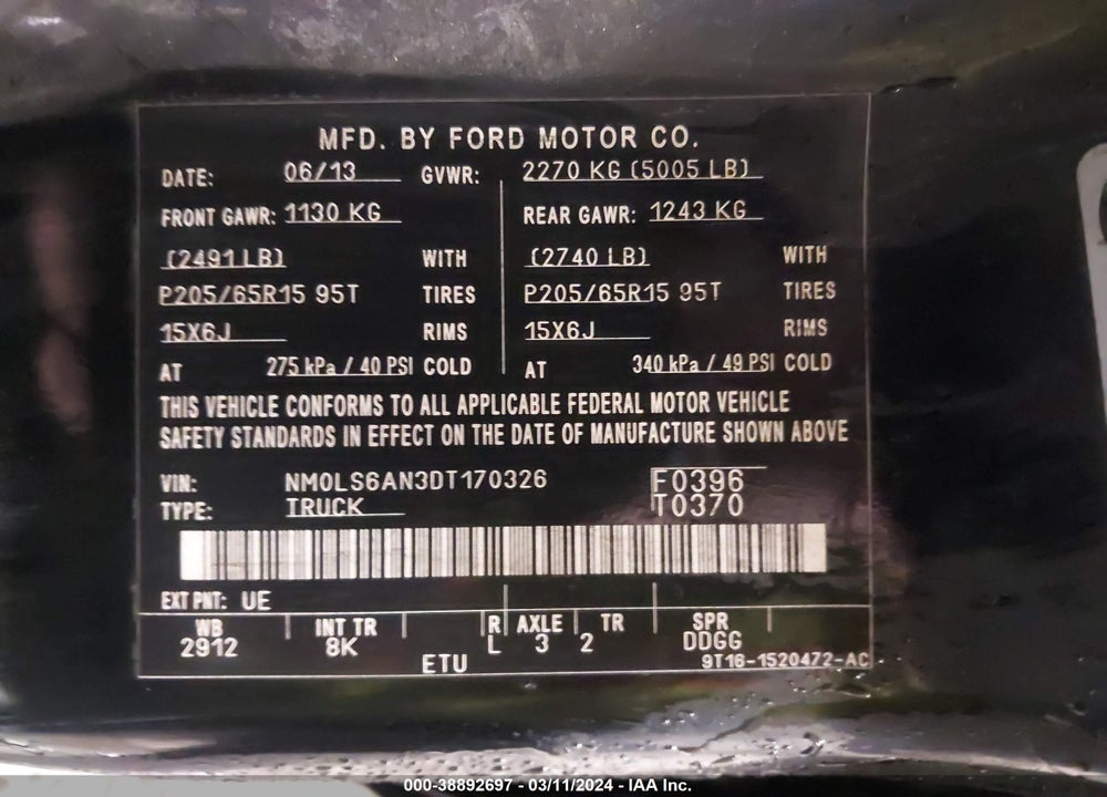 2013 FORD TRANSIT CONNECT XL VIN: NM0LS6AN3DT170326