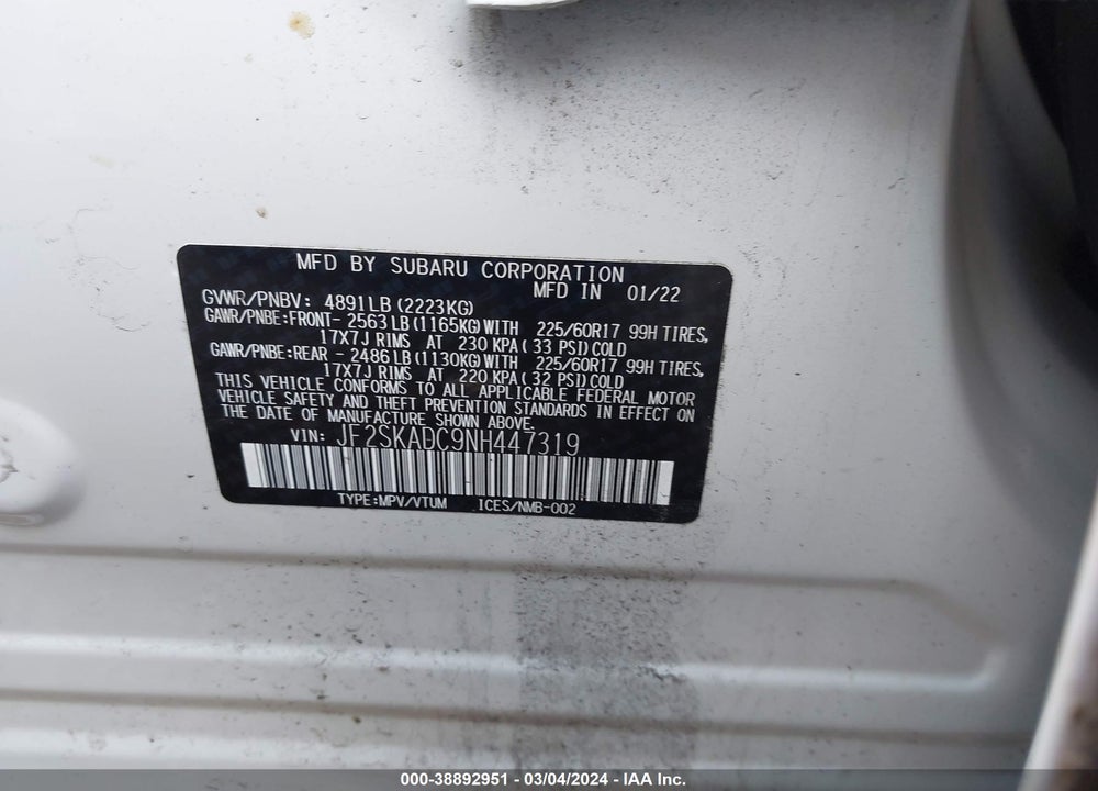 2022 SUBARU FORESTER PREMIUM VIN: JF2SKADC9NH447319