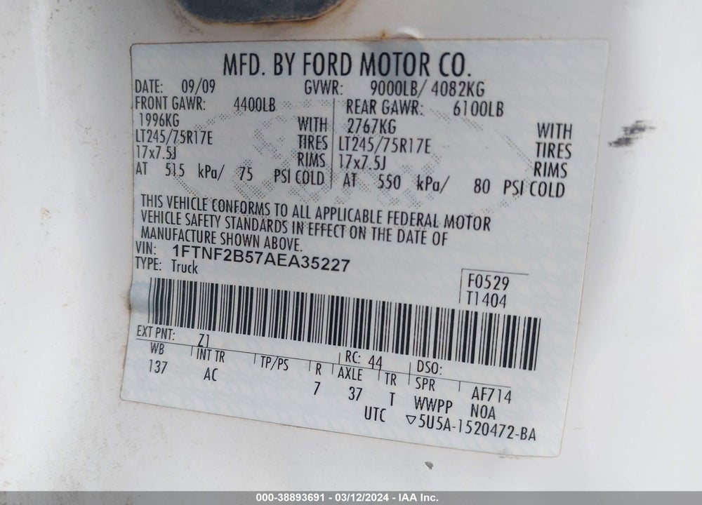 2010 FORD F-250 XL/XLT VIN: 1FTNF2B57AEA35227