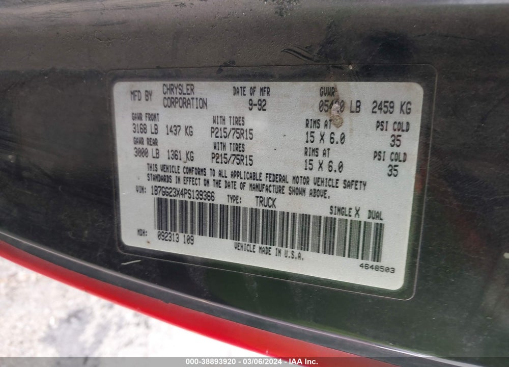 1993 DODGE DAKOTA VIN: 1B7GG23X4PS139366