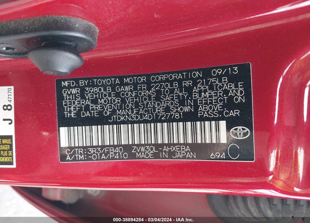 2013 TOYOTA PRIUS VIN: JTDKN3DU4D1727781