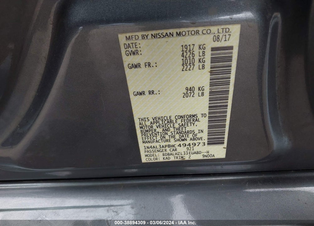 2017 NISSAN ALTIMA 2.5 SR VIN: 1N4AL3AP8HC494973