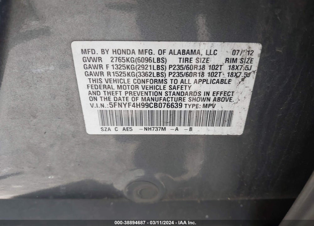 2012 HONDA PILOT TOURING VIN: 5FNYF4H99CB076639