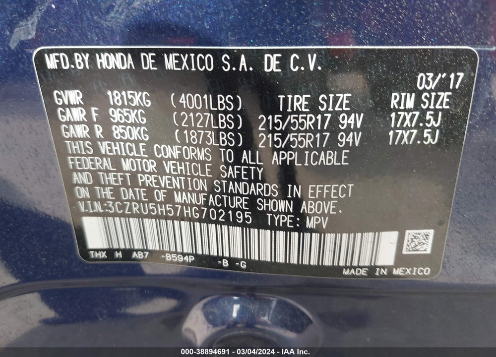 2017 HONDA HR-V EX VIN: 3CZRU5H57HG702195
