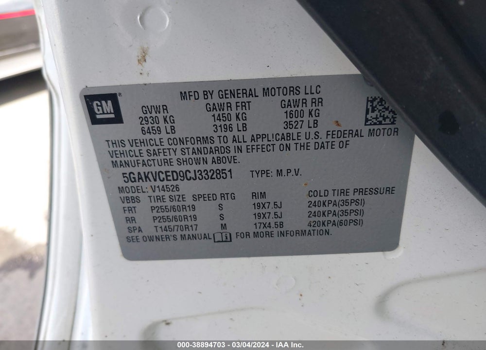 2012 BUICK ENCLAVE LEATHER VIN: 5GAKVCED9CJ332851