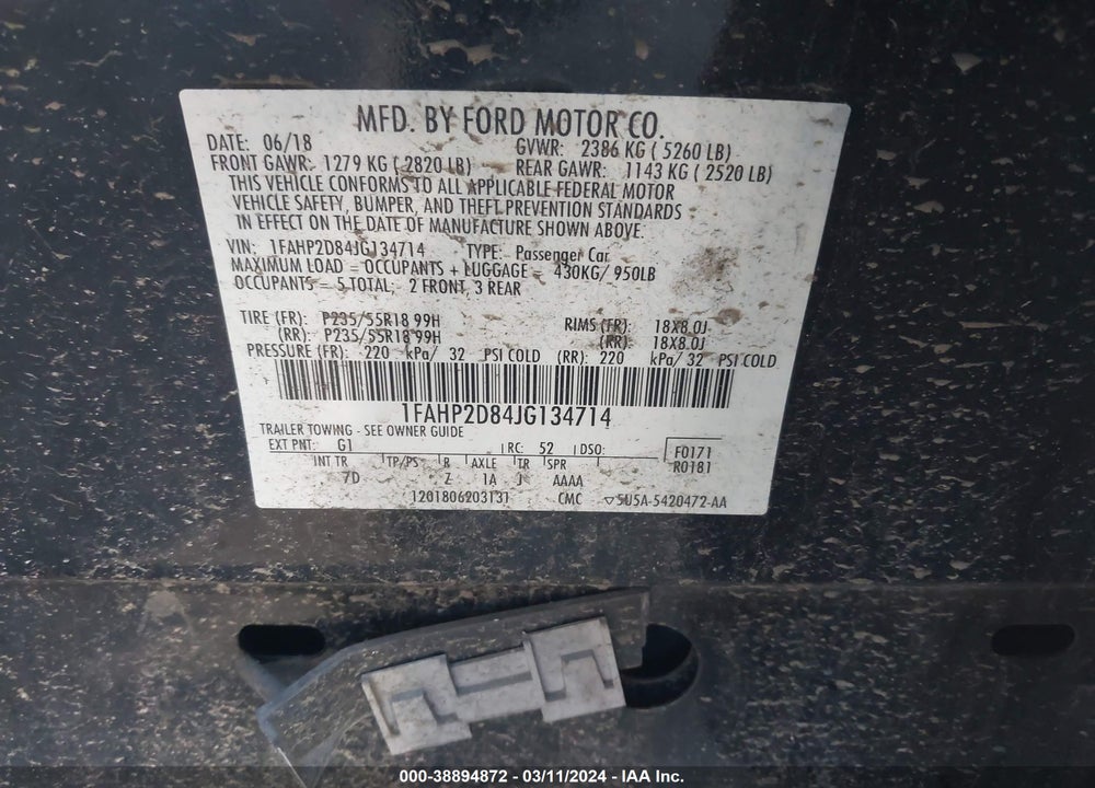 2018 FORD TAURUS SE VIN: 1FAHP2D84JG134714