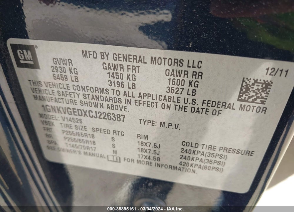 2012 CHEVROLET TRAVERSE VIN: 1GNKVGEDXCJ226387