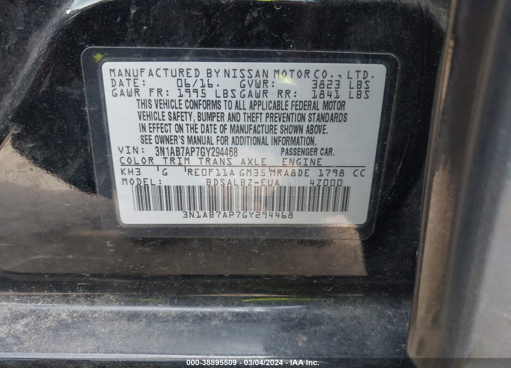 2016 NISSAN SENTRA S VIN: 3N1AB7AP7GY294468