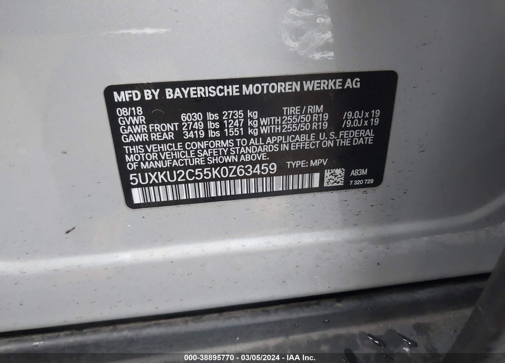 2019 BMW X6 XDRIVE35I VIN: 5UXKU2C55K0Z63459