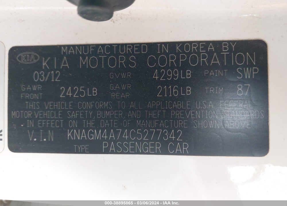 2012 KIA OPTIMA LX VIN: KNAGM4A74C5277342