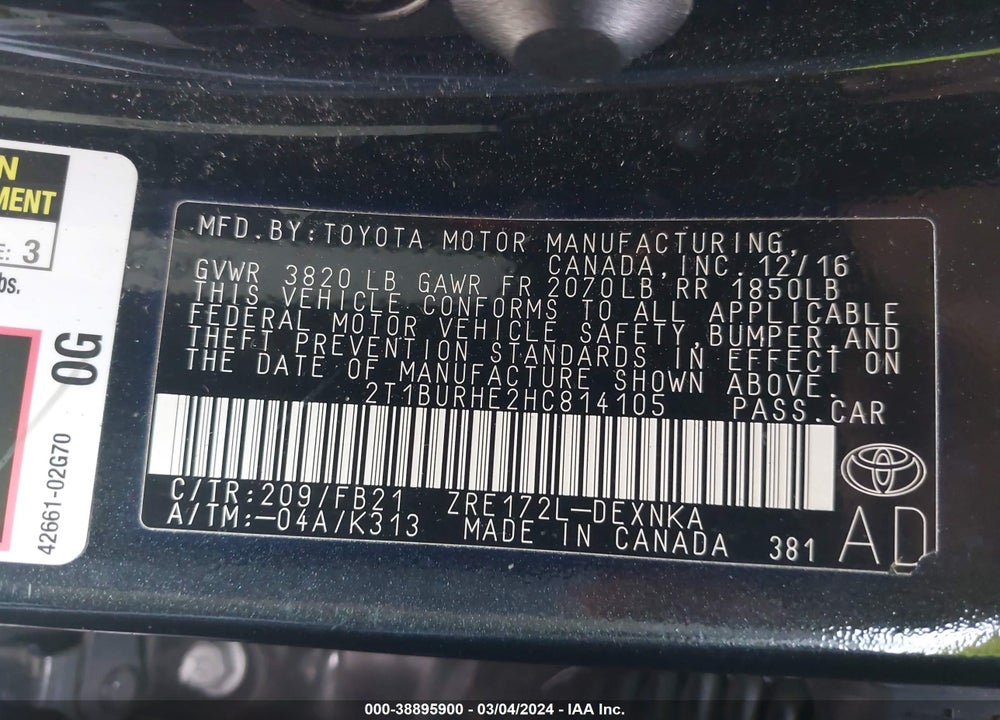 2017 TOYOTA COROLLA LE VIN: 2T1BURHE2HC814105