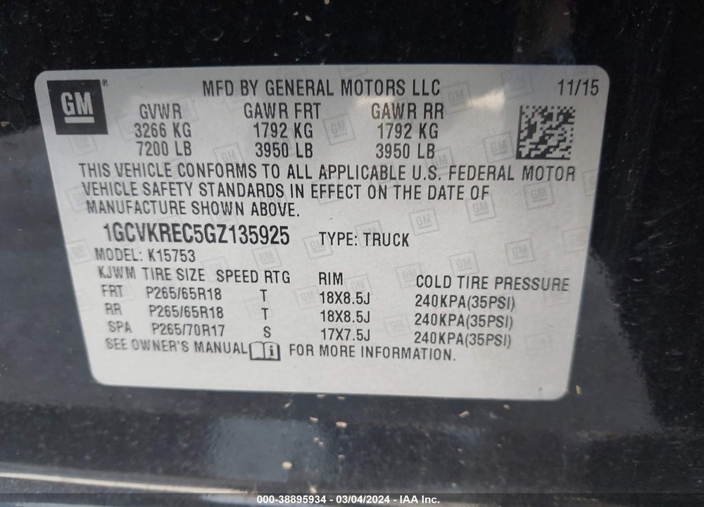 2016 CHEVROLET SILVERADO 1500 1LT VIN: 1GCVKREC5GZ135925