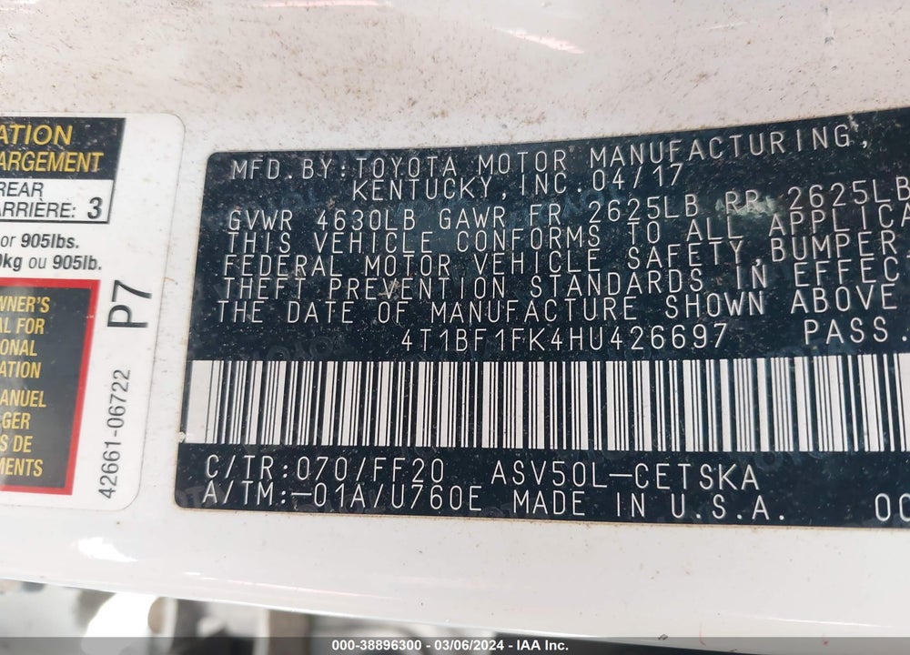 2017 TOYOTA CAMRY VIN: 4T1BF1FK4HU426697