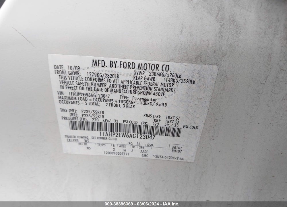 2010 FORD TAURUS SEL VIN: 1FAHP2EW6AG123047