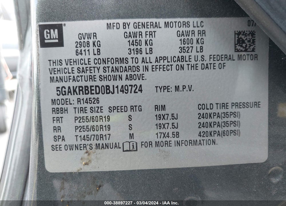 2011 BUICK ENCLAVE 1XL VIN: 5GAKRBED0BJ149724