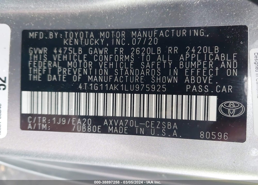 2020 TOYOTA CAMRY SE VIN: 4T1G11AK1LU975925