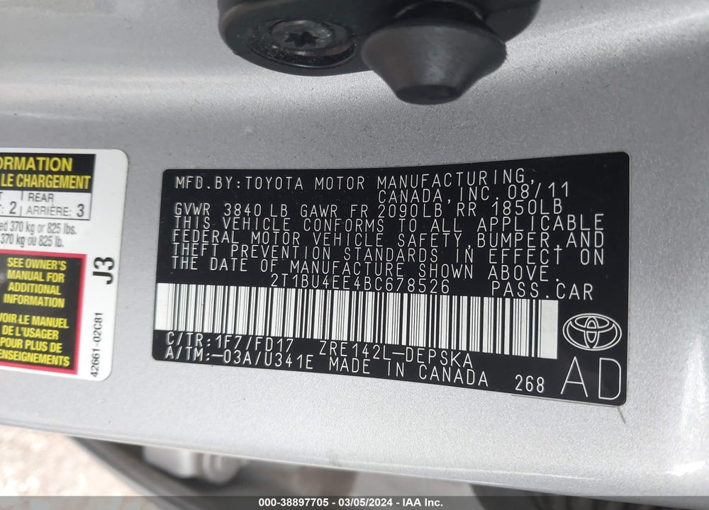 2011 TOYOTA COROLLA VIN: 2T1BU4EE4BC678526