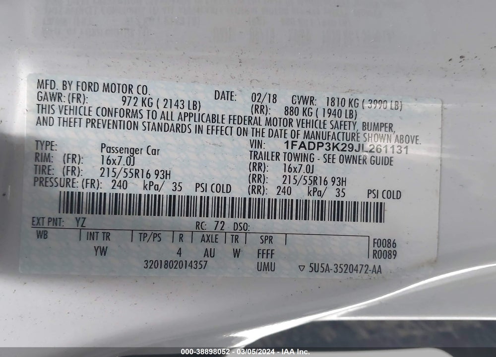 2018 FORD FOCUS SE VIN: 1FADP3K29JL261131