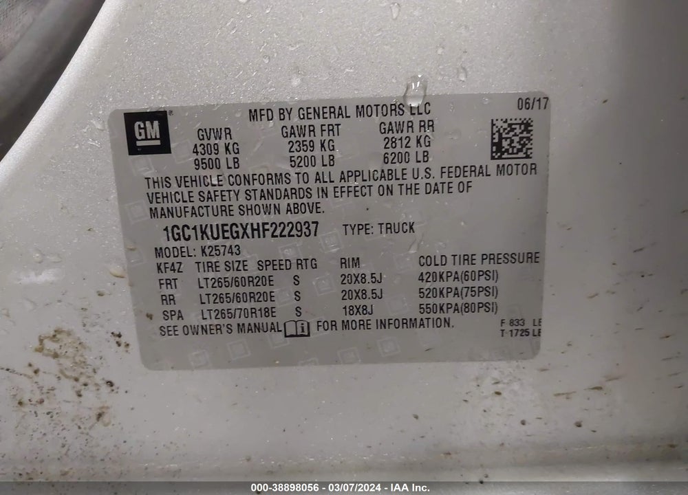 2017 CHEVROLET SILVERADO 2500HD WT VIN: 1GC1KUEGXHF222937