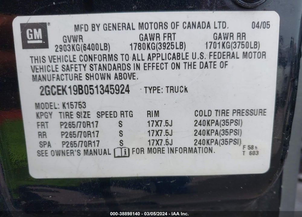 2005 CHEVROLET SILVERADO 1500 LS VIN: 2GCEK19B051345924