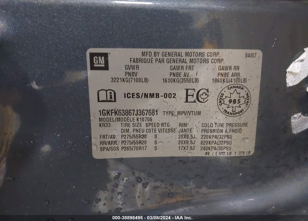 2007 GMC YUKON DENALI VIN: 1GKFK63867J367681