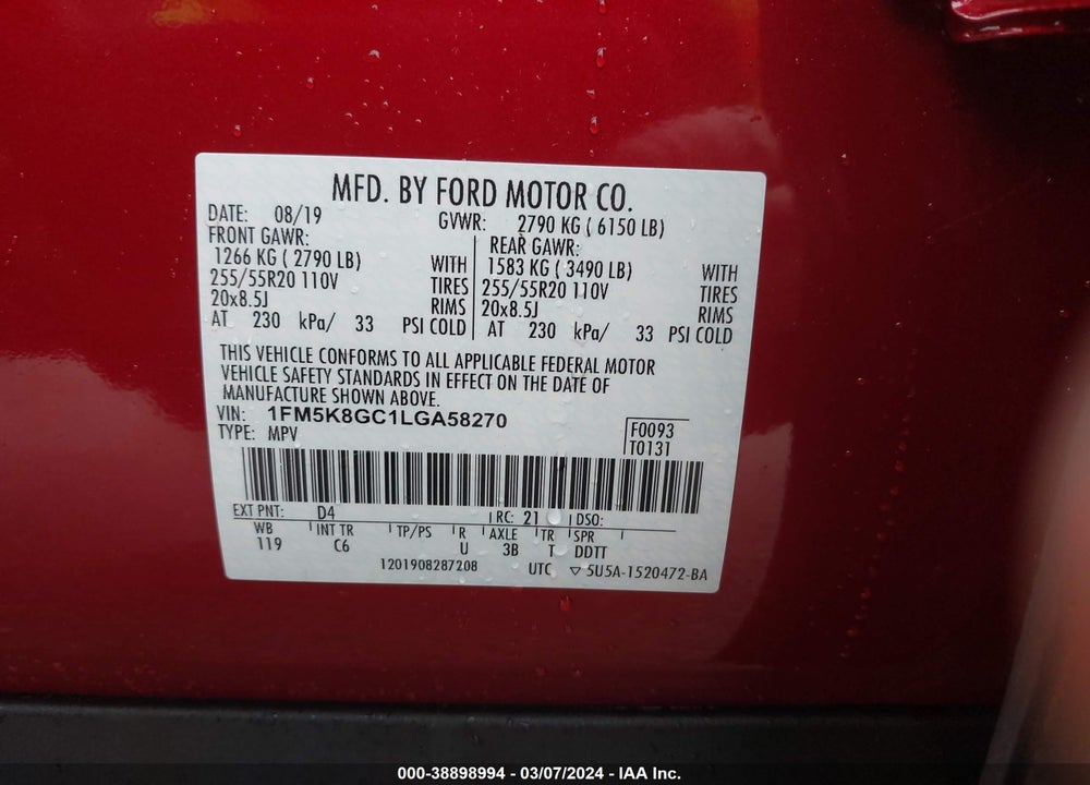2020 FORD EXPLORER ST VIN: 1FM5K8GC1LGA58270