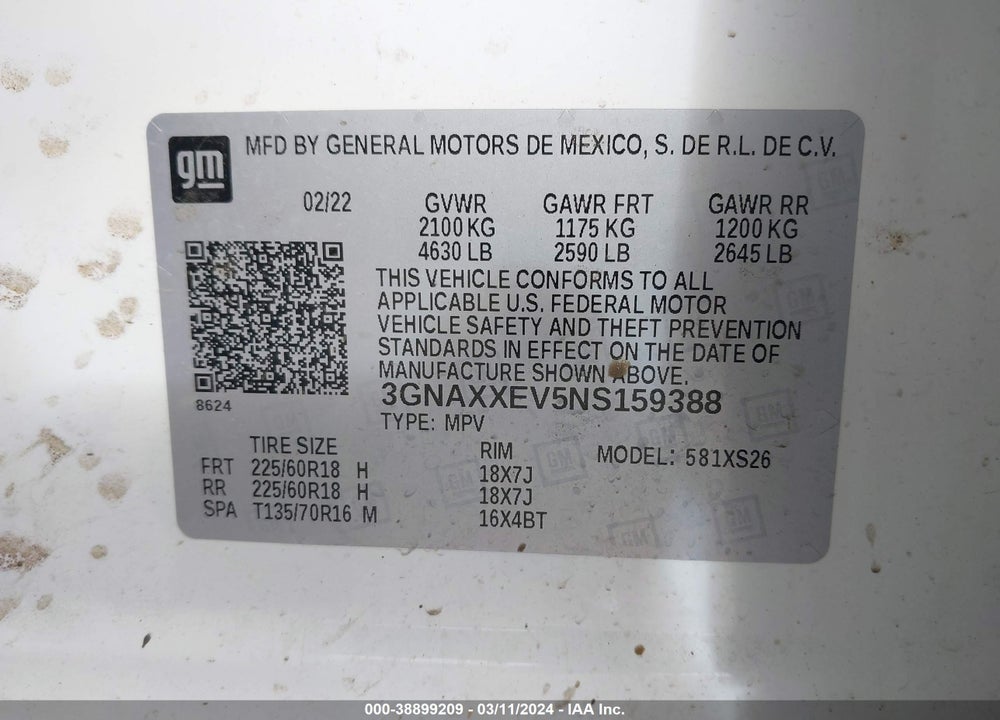 2022 CHEVROLET EQUINOX AWD PREMIER VIN: 3GNAXXEV5NS159388